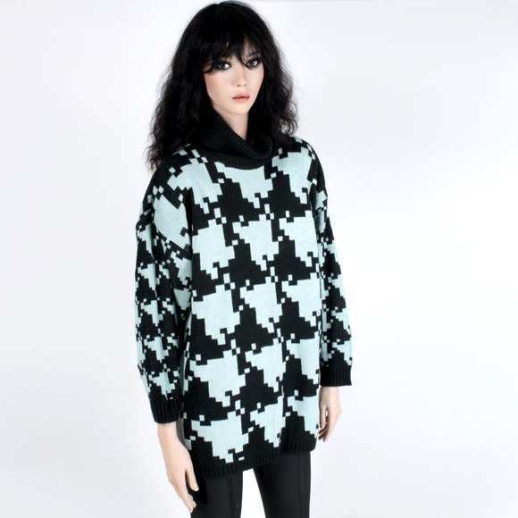 OS Vintage 90s Stefano Teal Black Oversize Houndstooth Sweater New Wave 80s - Picture 3 of 9